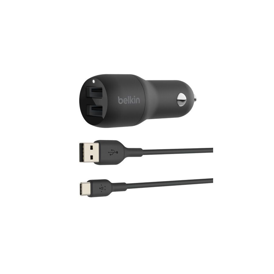 Caricabatterie Auto Due Porte Usb-A + Cavo Usb-A A Usb-C 1m - Nero
