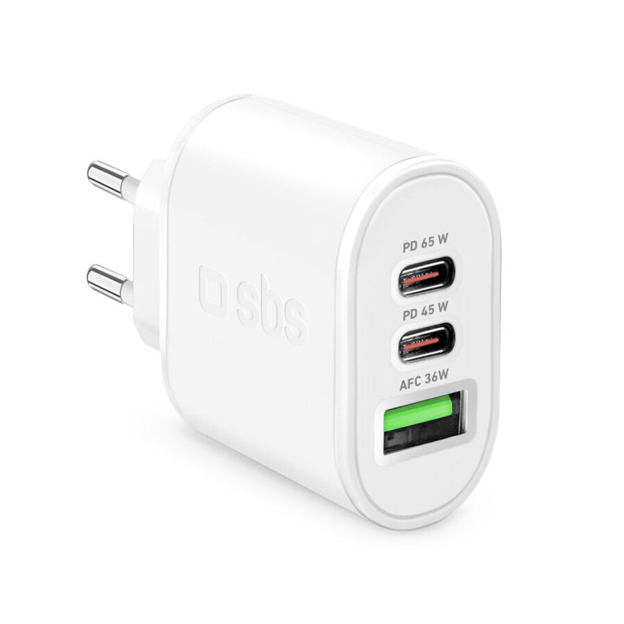Caricatore GaN da 65W con 2 porte USB-C + 1 USB-A - Bianco